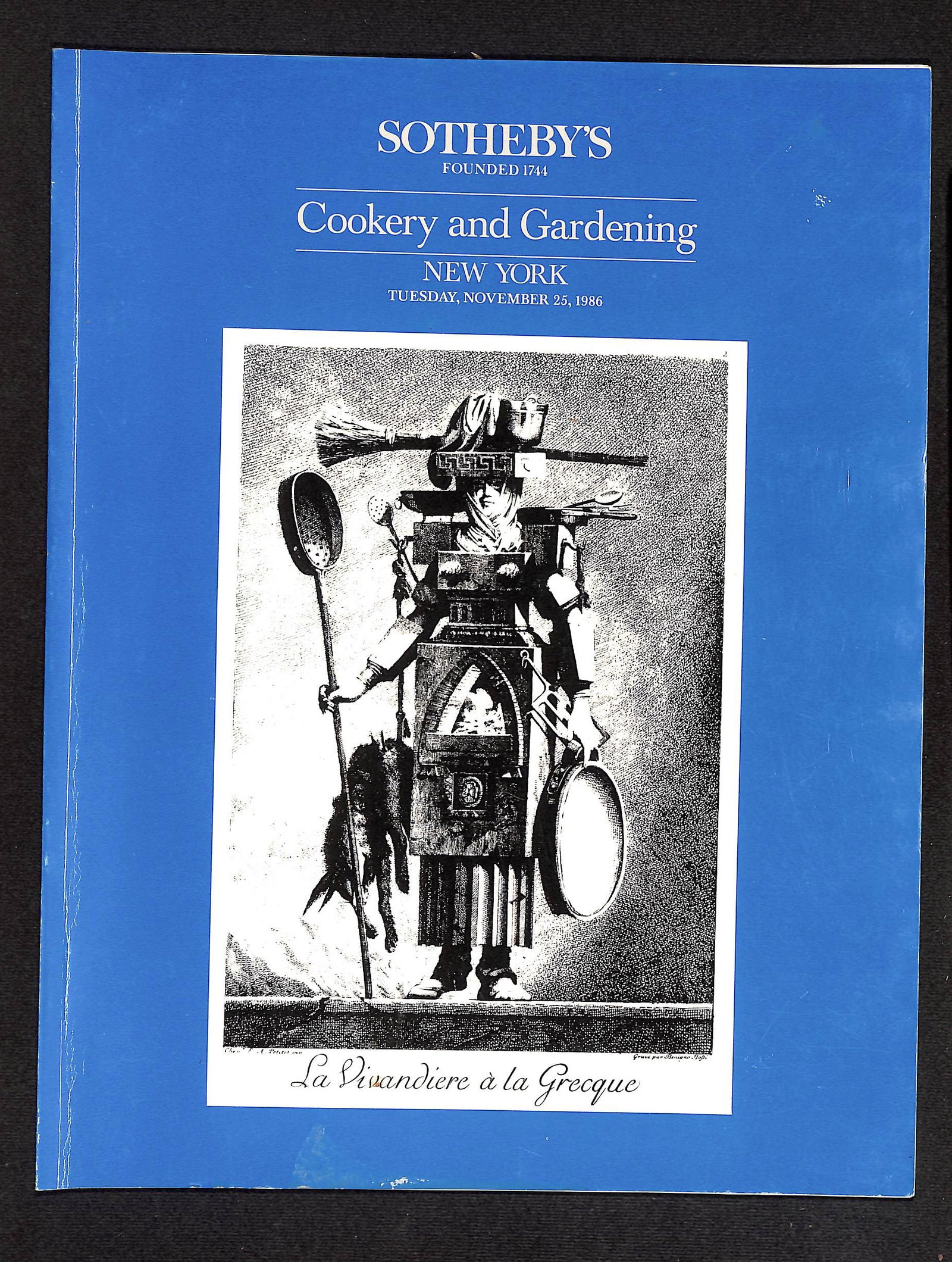 Sotheby's Auction Catalog for Cookery and Gardening, held in New York, November 25, 1986 Auction: Sotheby's Auction Catalog for Cookery and Gardening, held in New York, November 25, 1986. SHIPPING: All shipping is handled in-house, and we gladly combine shipping whenever possible. Orders over $200