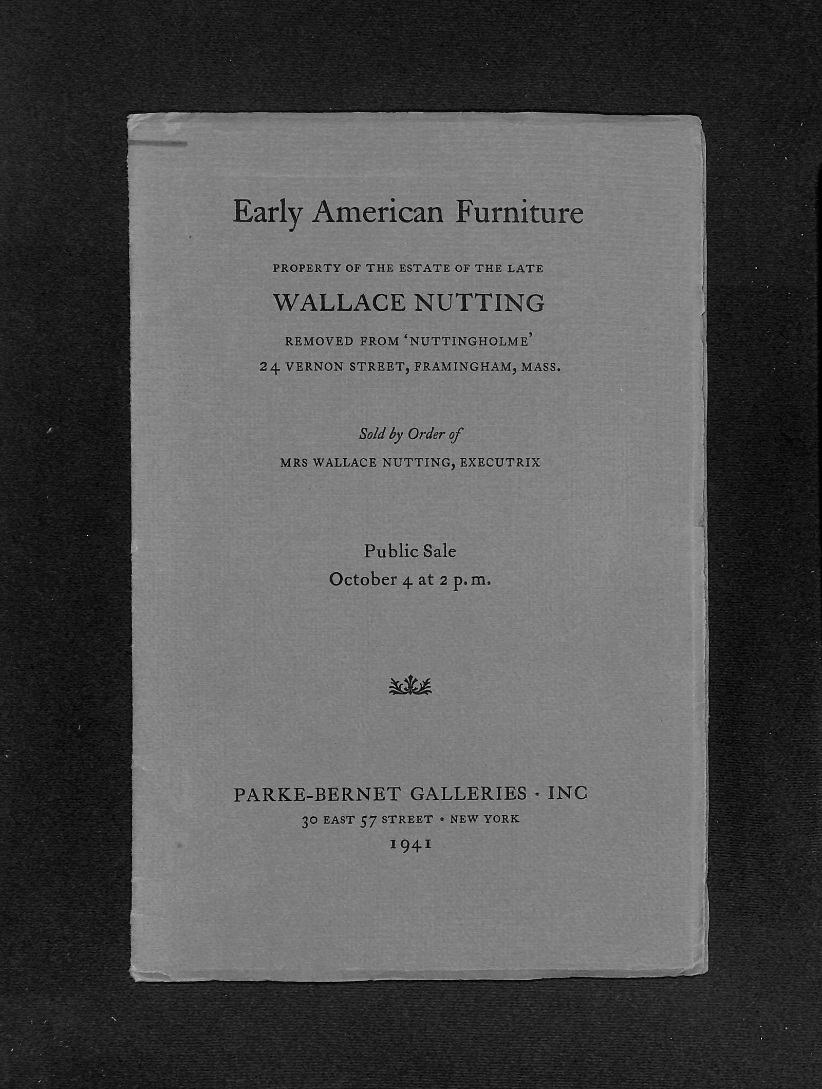 Early American Furniture, Estate of Wallace Nutting, Parke-Bernet Galleries, Inc., 1941 Auction: Early American Furniture, Estate of Wallace Nutting, Parke-Bernet Galleries, Inc., 1941 SHIPPING: All shipping is handled in-house, and we gladly combine shipping whenever possible. Orders over $200 w