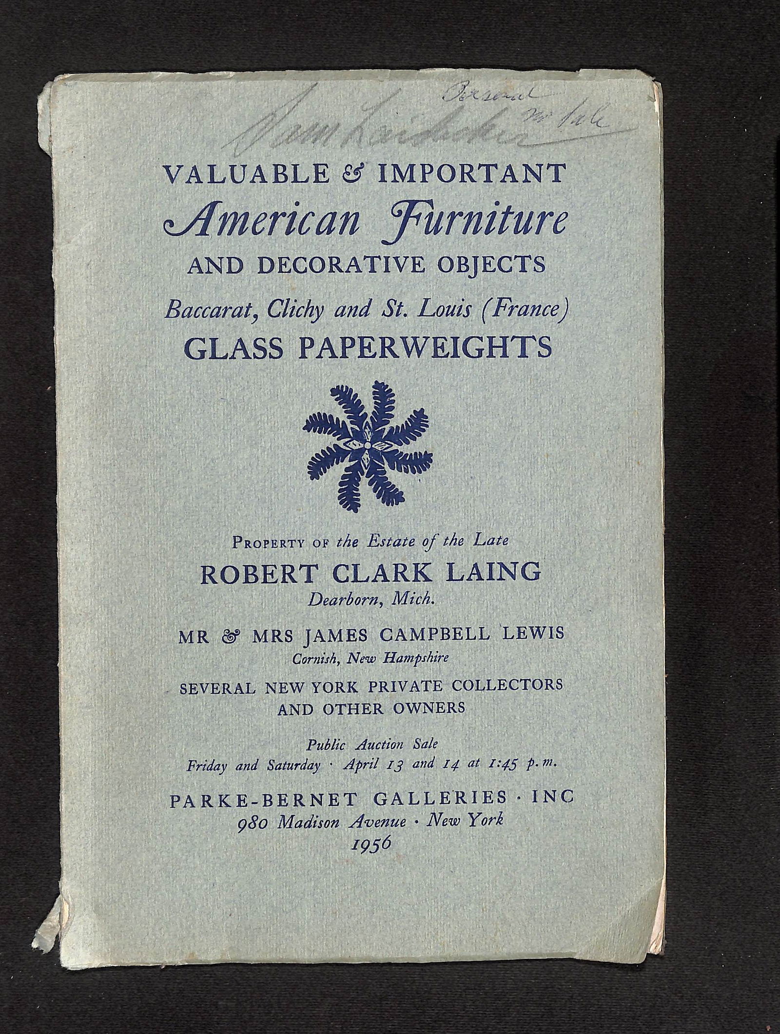 Parke-Bernet Galleries Catalog, American Furniture & Glass Paperweights, April 13-14, 1956 Auction: Parke-Bernet Galleries Catalog, American Furniture & Glass Paperweights, April 13-14, 1956 SHIPPING: All shipping is handled in-house, and we gladly combine shipping whenever possible. Orders over $20