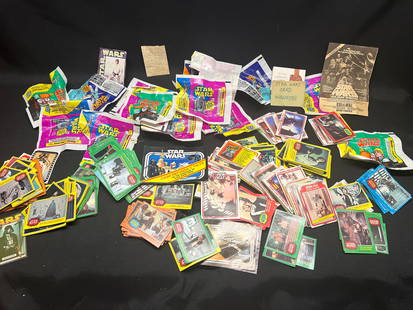 Lot of Vintage 1977 Kenner Star Wars Trading Cards, wrappers and Star Wars Holiday Special ad: Assortment of over 100 original late-1970s to mid 80's Kenner Star Wars trading photo cards and matching gum-pack wrappers including dozens of interlocking border cards in Series I and II color border