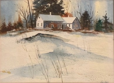Allen Ulmer (1922-1990) Watercolor depicting a Winter Landscape with Homestead 17.5 x 21.5 inches