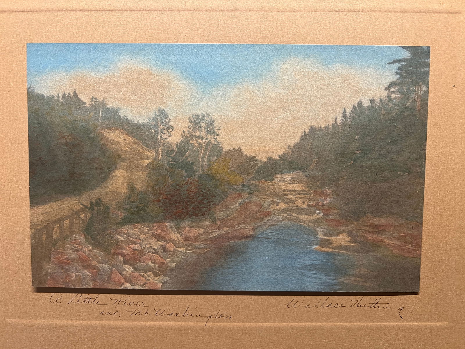 A Little River and Mt. Washington – Signed Wallace Nutting, Color Print: Wallace Nutting hand-colored landscape photograph. Titled and signed on mat. Mat discoloration. SHIPPING: All shipping is handled in-house, and we gladly combine shipping whenever possible. Orders ove