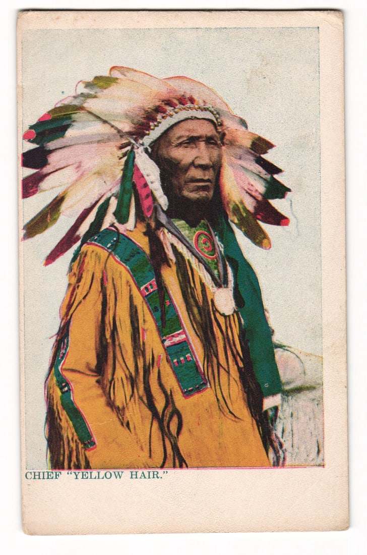 c. 1905 Undivided Back Postcard of Chief Yellow Hair in Full Regalia & War Bonnet, Rotograph Co.: Please view photos for further description and condition considerations. Please know the scans may be darker or lighter than the actual card's true appearance. FREE SHIPPING POLICY: (Domestic USA Only