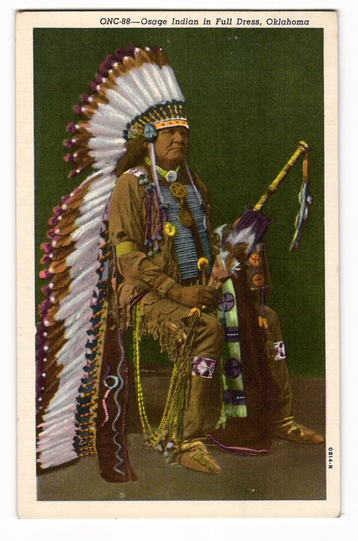 Osage Indian in Full Dress & Feather Headdress, Oklahoma. Curteich C.T. Art Linen Postcard 1951: Please view photos for further description and condition considerations. Please know the scans may be darker or lighter than the actual card's true appearance. FREE SHIPPING POLICY: (Domestic USA Only