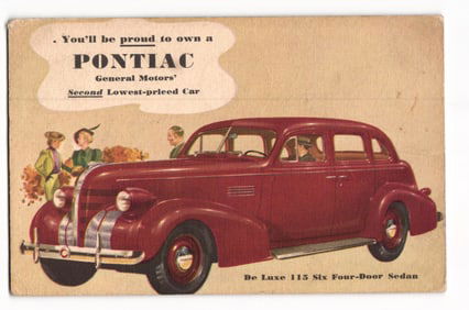 1939 Pontiac De Luxe 115 Six Four-Door Sedan Advertising Postcard, Kyva Motor Co, Whitesburg, KY