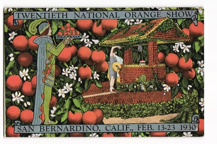 1930 Postcard: Twentieth National Orange Show, San Bernardino, California. Art Deco Page & Well.