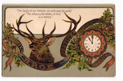 c. 1910 B.P.O.E. Elks Embossed Postcard with Clock, Virtues. Phila. Post Card Co. Germany.