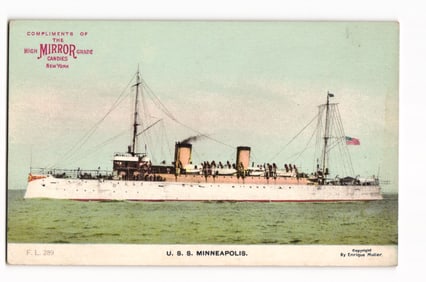 Advertising Postcard U.S.S. Minneapolis C-13 Naval Cruiser, Mirror Candies New York c. 1910s