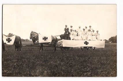 WWI Era German Medical Corps Nurses & Officer in a Horse-Drawn Ambulance Wagon RPPC Postcard