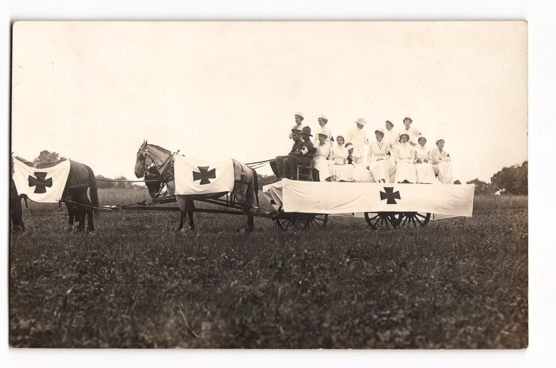 WWI Era German Medical Corps Nurses & Officer in a Horse-Drawn Ambulance Wagon RPPC Postcard (1 of 2)