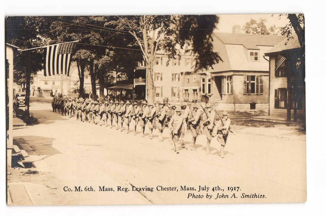 WWI RPPC Postcard of Co. M, 6th Mass. Regiment Leaving Chester, Massachusetts, July 4, 1917. (1 of 2)