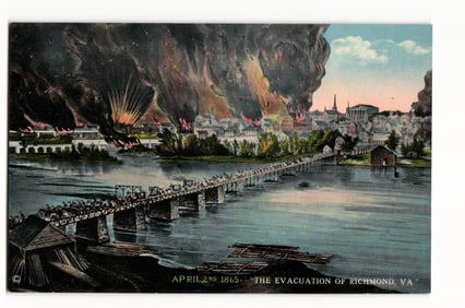 1913 Postcard of Civil War Evacuation of Richmond, VA, showing the burning city and Mayo Bridge.