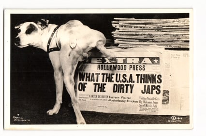 1942 WWII Anti-Japanese Propaganda RPPC. Dog Urinates on "What The U.S.A. Thinks" Newspaper.