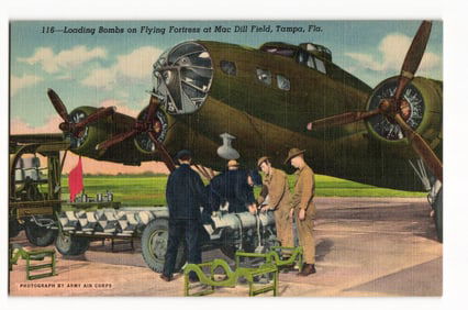c.1942 WWII Linen Postcard, Loading Bombs onto B-17 Flying Fortress at MacDill Field, Tampa, FL