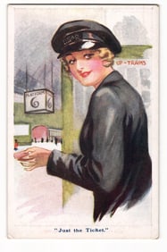J. Salmon Postcard, c.1920s L.N.E.R. "Our Fair War Workers" Woman Ticket Collector on Platform