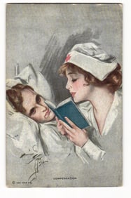 World War I Postcard "Compensation" by C. Coles Phillips, Red Cross Nurse Reading to a Soldier.