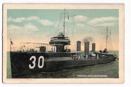 c. 1910s Postcard of US Navy Torpedo Boat Destroyer #30, the USS Decatur, Great White Fleet Era.