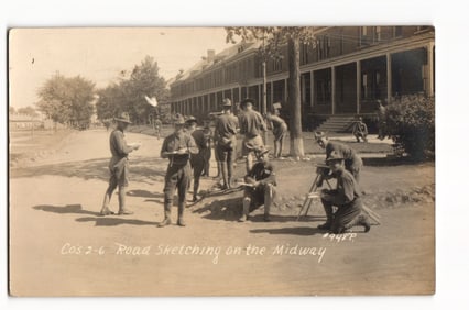1917 WWI RPPC Postcard of US Army Soldiers in Road Sketching Class on the Midway, Plattsburg, NY
