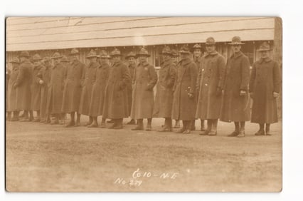 WWI RPPC Postcard, US Army Co. 10 New England Soldiers in Overcoats, Plattsburg, NY, May 1917