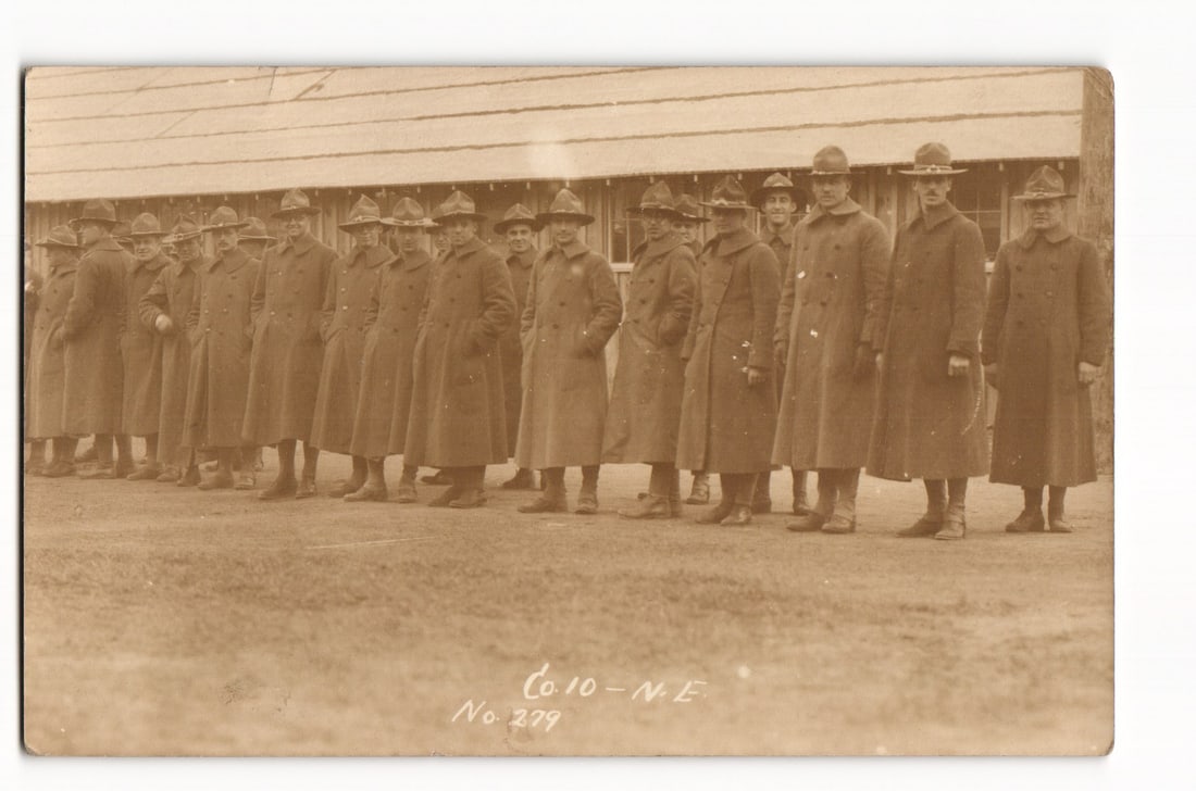 WWI RPPC Postcard, US Army Co. 10 New England Soldiers in Overcoats, Plattsburg, NY, May 1917 (1 of 2)