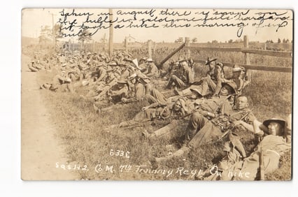 WWI RPPC Postcard, Plattsburg NY C.M.T.C. Training Regiment Soldiers Resting on Six-Mile Hike