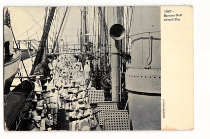Divided Back Era Postcard of U.S. Navy Sailors in White Uniforms at Bayonet Drill Aboard Warship