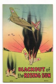 WWII "Blackout of the Rising Sun" Aviation Comic Postcard, MWM Aurora, MO; War Bond Slogan.