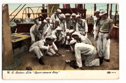 1905 U.S. Navy Sailors Postcard, "Sport aboard Ship," Men Playing a Dice or Card Game on Deck