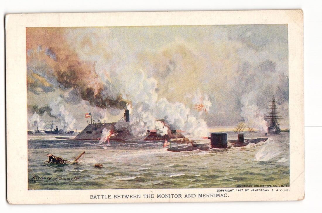 1907 Postcard, Battle of Monitor & Merrimac Ironclads, Official Souvenir Jamestown Exposition (1 of 2)