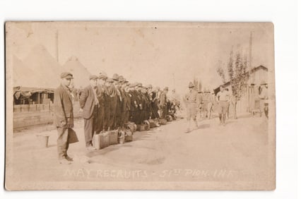 WWI RPPC of 51st Pioneer Infantry May Recruits Lined Up at a US Army Training Camp with Tents.