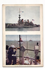 c. 1910s Postcard of US Navy Battleships Oregon & Minnesota, View from the Bridge with Sailor