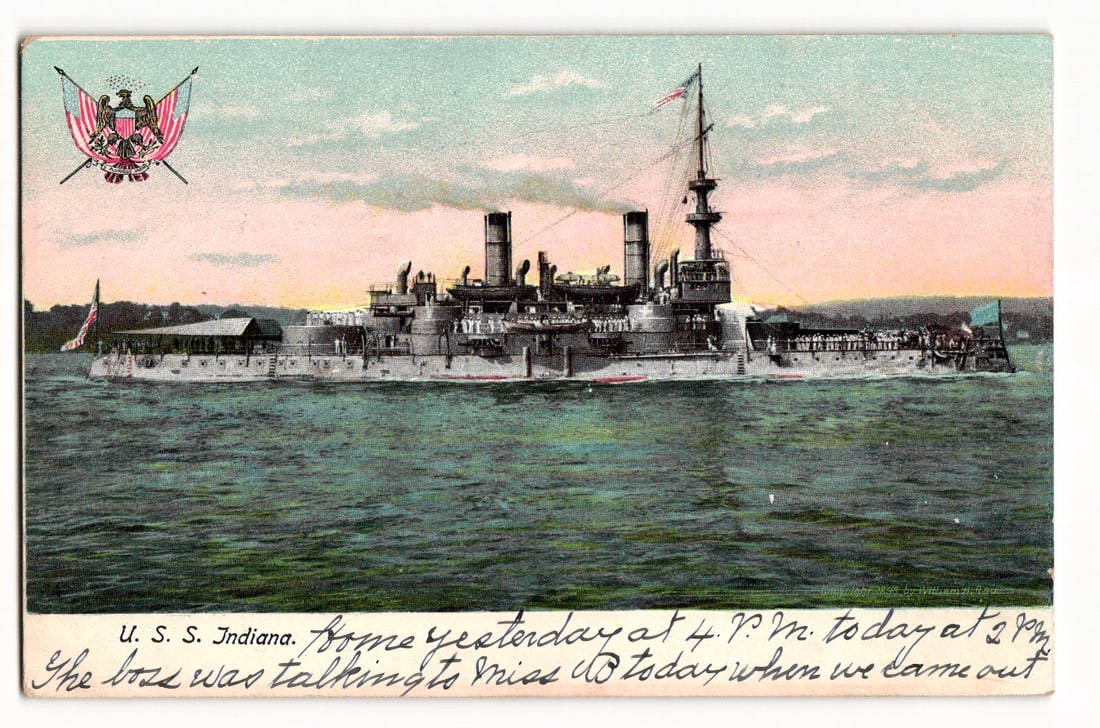 U.S.S. Indiana Pre-Dreadnought Battleship Color Litho Postcard, 1906 Lynn, Mass. Postmark: Please view photos for further description and condition considerations. Please know the scans may be darker or lighter than the actual card's true appearance. ACME Auctions offers FREE DOMESTIC SHIPP