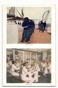 Undivided Back Era Postcard of US Navy Life, Marine Drill & Mess Time on an American Warship c.1907