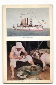 Undivided Back Postcard c.1907: Great White Fleet's USS Ohio & USS Connecticut Goat Mascot.