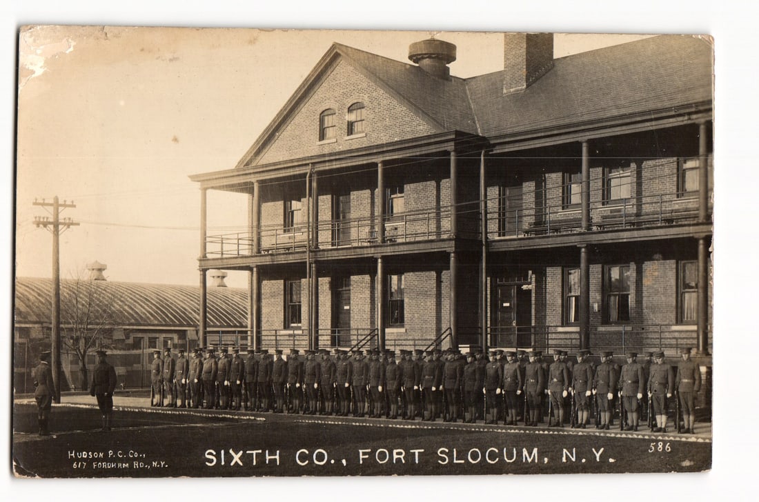 RPPC Fort Slocum, NY, Sixth Co. Soldiers in Formation Before Barracks, Dated Sept. 1917 WWI Era (1 of 2)