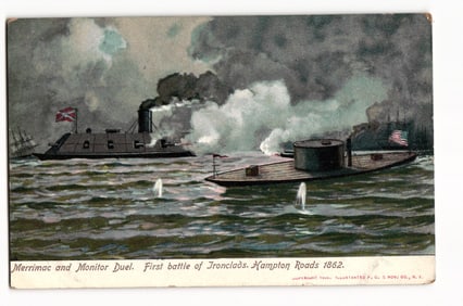 1909 Postcard of the Civil War Ironclad Duel, USS Monitor and CSS Virginia at Hampton Roads, VA