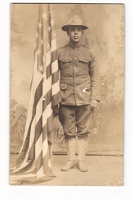 WWI RPPC of an African American Doughboy Soldier Posing with US Flag, Studio Photo, Nice, France.