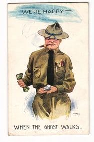 WWI Era US Soldier Payday Comic Postcard "When The Ghost Walks" by Wall, 1918 Bridgeport, Conn.