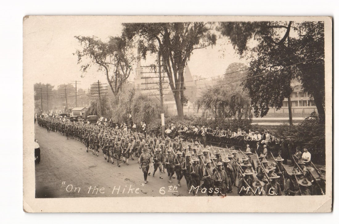 c. 1910s RPPC of 6th Massachusetts Volunteer Militia (M.V.M.) Soldiers on Parade "On the Hike": Please view photos for further description and condition considerations. Please know the scans may be darker or lighter than the actual card's true appearance. ACME Auctions offers FREE DOMESTIC SHIPP
