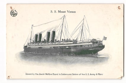 WWI Soldier's Mail Postcard, S.S. Mount Vernon Troop Transport, issued by Jewish Welfare Board