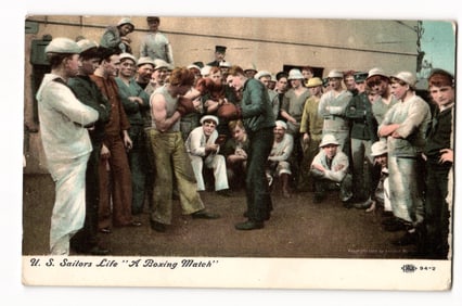 1907 U.S. Navy Sailors Boxing Match on Ship Deck Colorized Postcard, by Enrique Muller, 1905