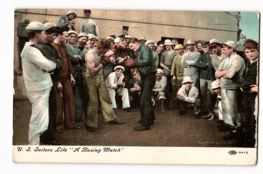 1907 U.S. Navy Sailors Boxing Match on Ship Deck Colorized Postcard, by Enrique Muller, 1905 (1 of 2)