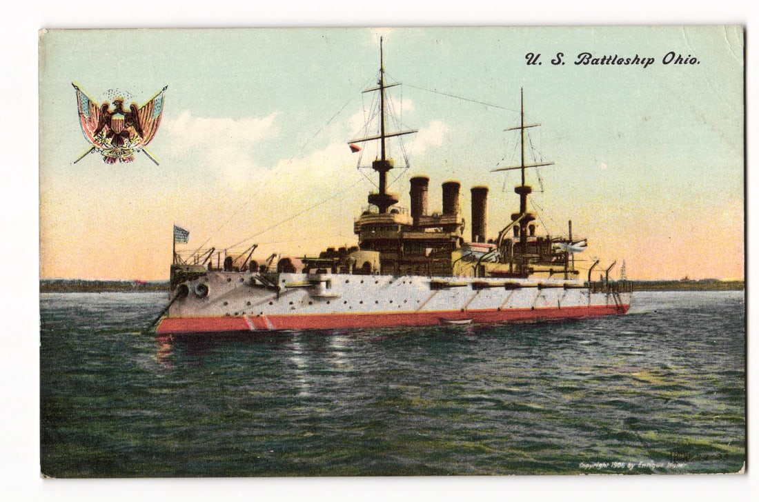 1908 U.S. Battleship Ohio Pre-Dreadnought Naval Postcard, Enrique Muller, National R'W'Y News Co.: Please view photos for further description and condition considerations. Please know the scans may be darker or lighter than the actual card's true appearance. ACME Auctions offers FREE DOMESTIC SHIPP