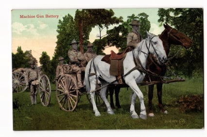 1912 Military Postcard of a U.S. Army Machine Gun Battery in Training with Horse-Drawn Cart
