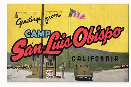 WWII Era Linen Postcard of Camp San Luis Obispo, California Entrance Gate with Military Police.