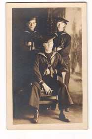 RPPC Three US Navy Sailors at Naval Training School, Newport RI, Electric Studio Portrait c. 1910s
