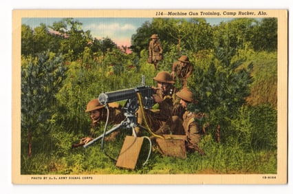 WWII Linen Postcard, U.S. Army Signal Corps Photo of Machine Gun Training, Camp Rucker, Alabama