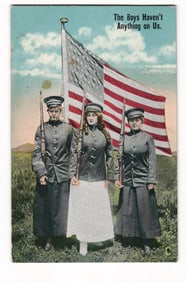 c. 1918 WWI Patriotic Colorized Postcard Women in Uniforms w/ Rifles & Flag, Cape Cottage, ME