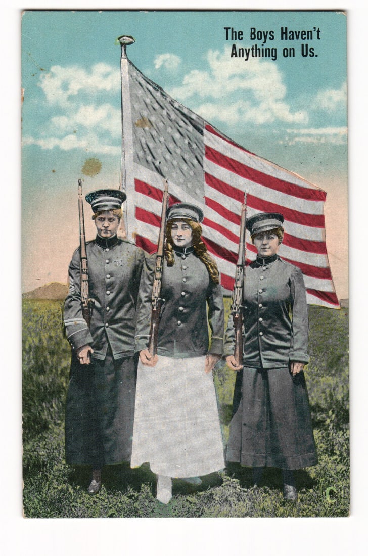 c. 1918 WWI Patriotic Colorized Postcard Women in Uniforms w/ Rifles & Flag, Cape Cottage, ME: Please view photos for further description and condition considerations. Please know the scans may be darker or lighter than the actual card's true appearance. ACME Auctions offers FREE DOMESTIC SHIPP