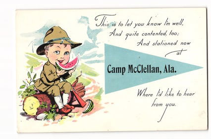 Circa WWI Illustrated Postcard, Young Soldier Boy Eating Watermelon at Camp McClellan, Alabama.